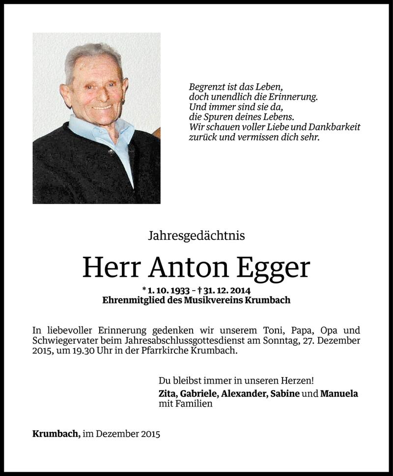  Todesanzeige für Anton Egger vom 24.12.2015 aus Vorarlberger Nachrichten