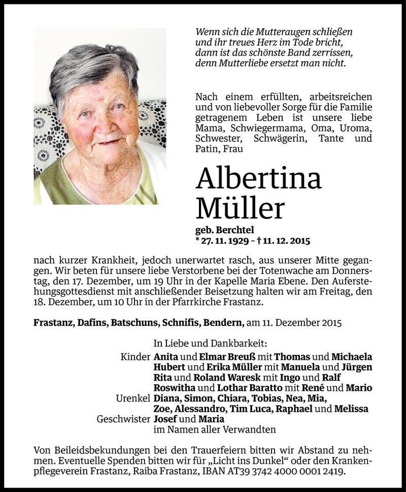  Todesanzeige für Albertina Müller vom 15.12.2015 aus Vorarlberger Nachrichten