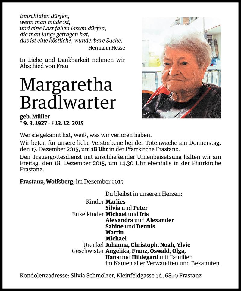  Todesanzeige für Margaretha Bradlwarter vom 15.12.2015 aus Vorarlberger Nachrichten