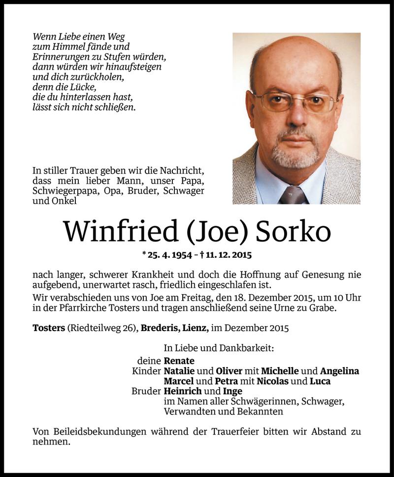  Todesanzeige für Winfried Sorko vom 15.12.2015 aus Vorarlberger Nachrichten