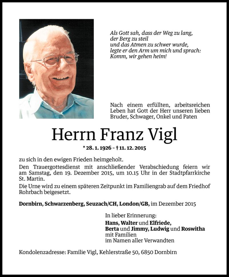  Todesanzeige für Franz Vigl vom 16.12.2015 aus Vorarlberger Nachrichten