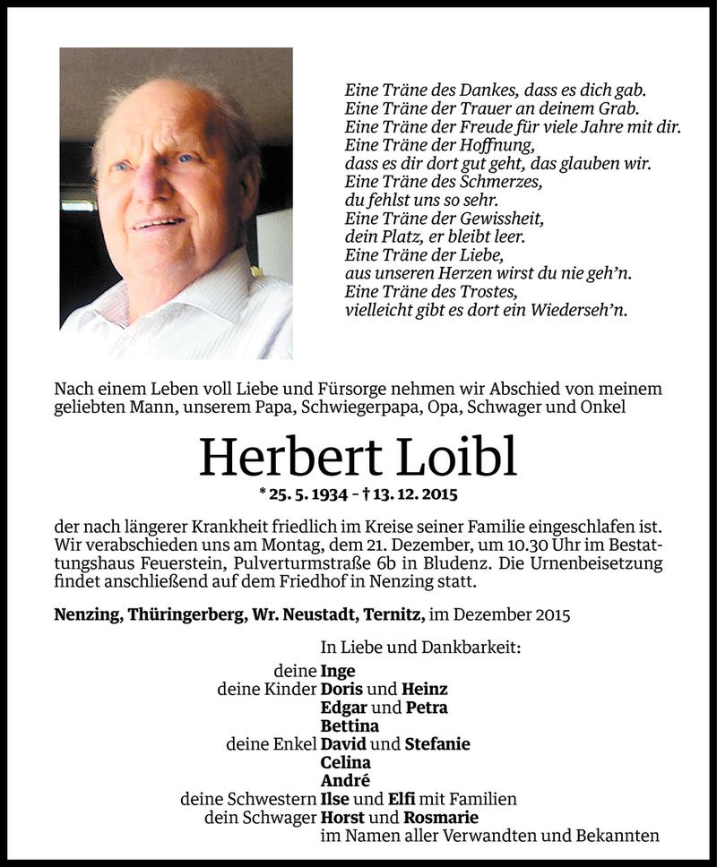  Todesanzeige für Herbert Loibl vom 17.12.2015 aus Vorarlberger Nachrichten