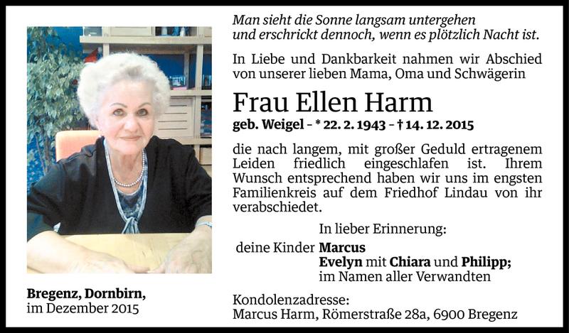  Todesanzeige für Ellen Harm vom 19.12.2015 aus Vorarlberger Nachrichten