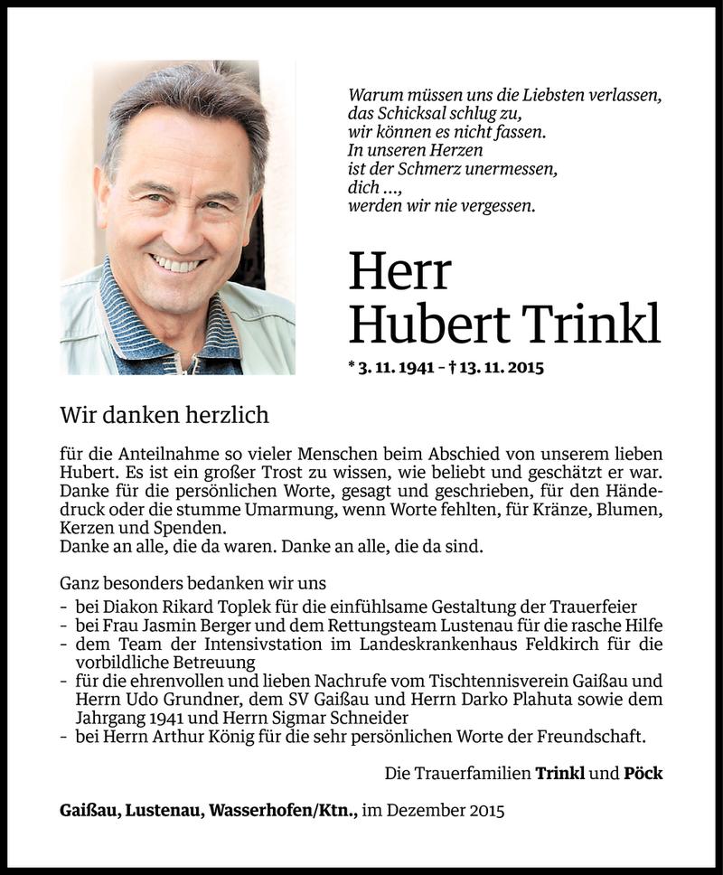  Todesanzeige für Hubert Trinkl vom 16.12.2015 aus Vorarlberger Nachrichten