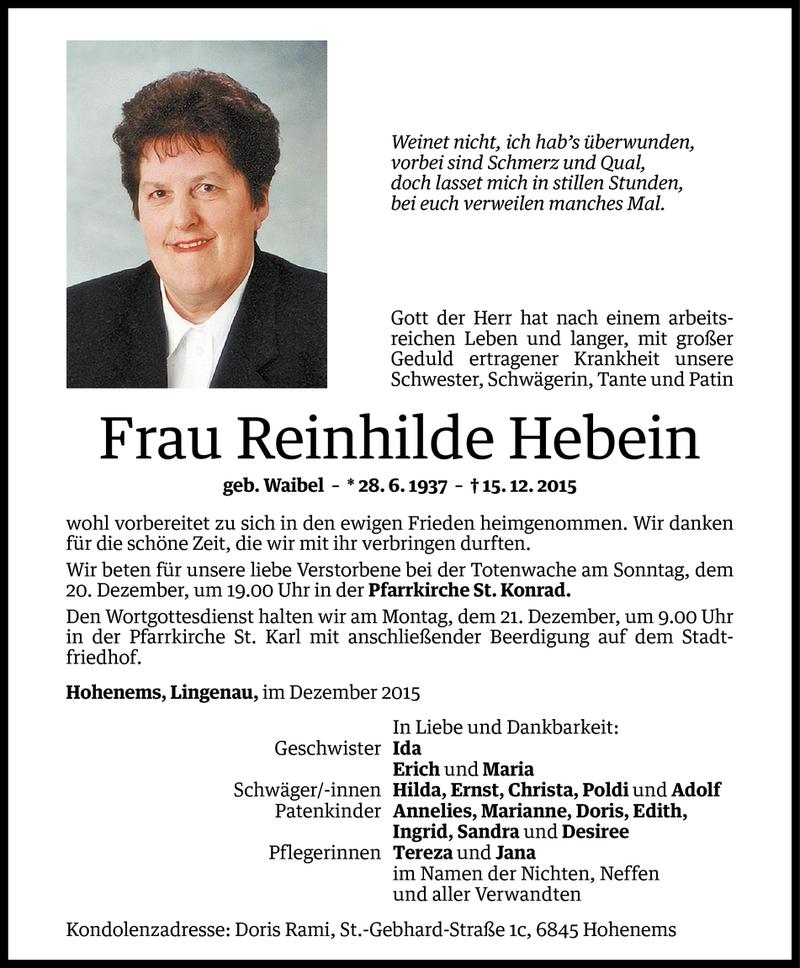  Todesanzeige für Reinhilde Hebein vom 19.12.2015 aus Vorarlberger Nachrichten