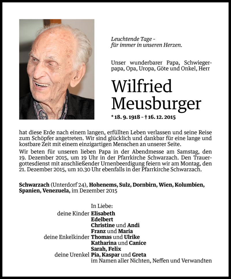  Todesanzeige für Wilfried Meusburger vom 17.12.2015 aus Vorarlberger Nachrichten