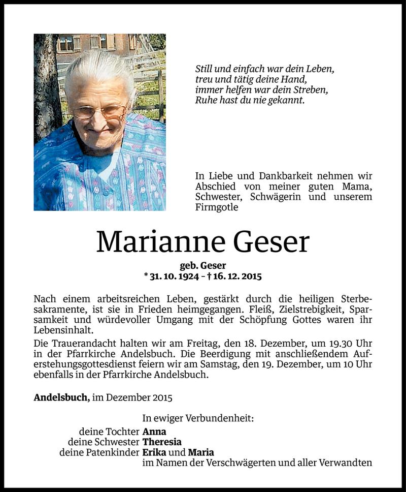  Todesanzeige für Marianne Geser vom 17.12.2015 aus Vorarlberger Nachrichten