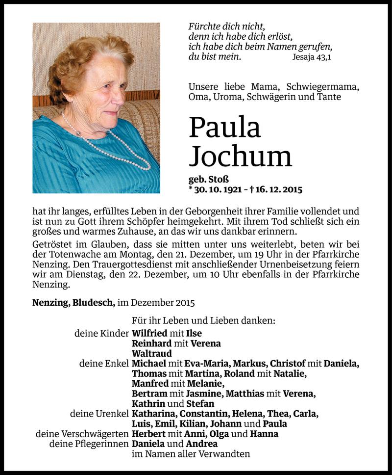  Todesanzeige für Paula Jochum vom 19.12.2015 aus Vorarlberger Nachrichten