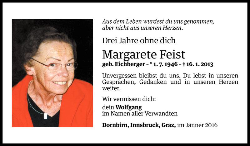  Todesanzeige für Margarete Feist vom 15.01.2016 aus Vorarlberger Nachrichten