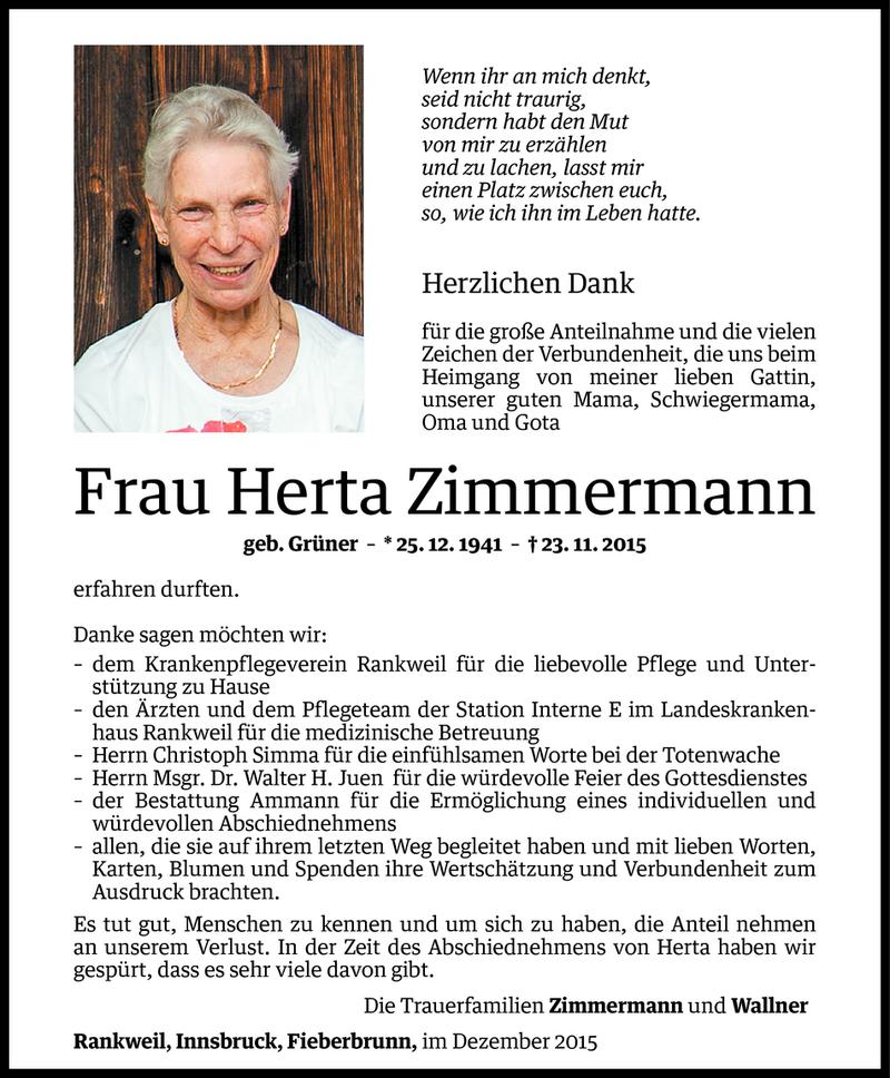  Todesanzeige für Herta Zimmermann vom 21.12.2015 aus Vorarlberger Nachrichten