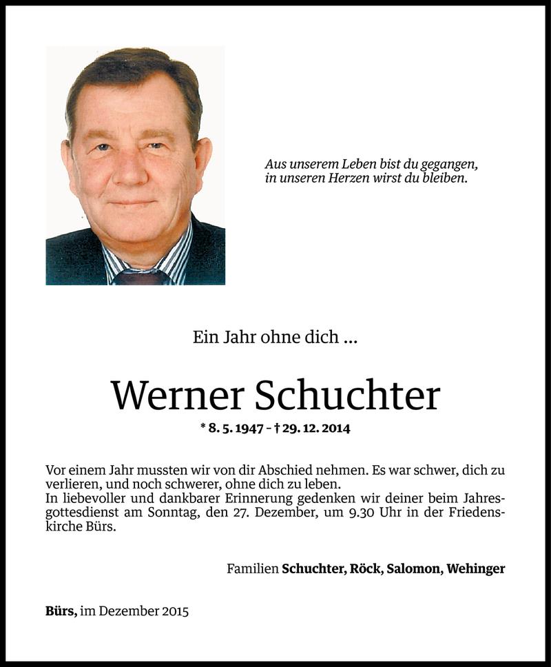  Todesanzeige für Werner Schuchter vom 18.12.2015 aus Vorarlberger Nachrichten