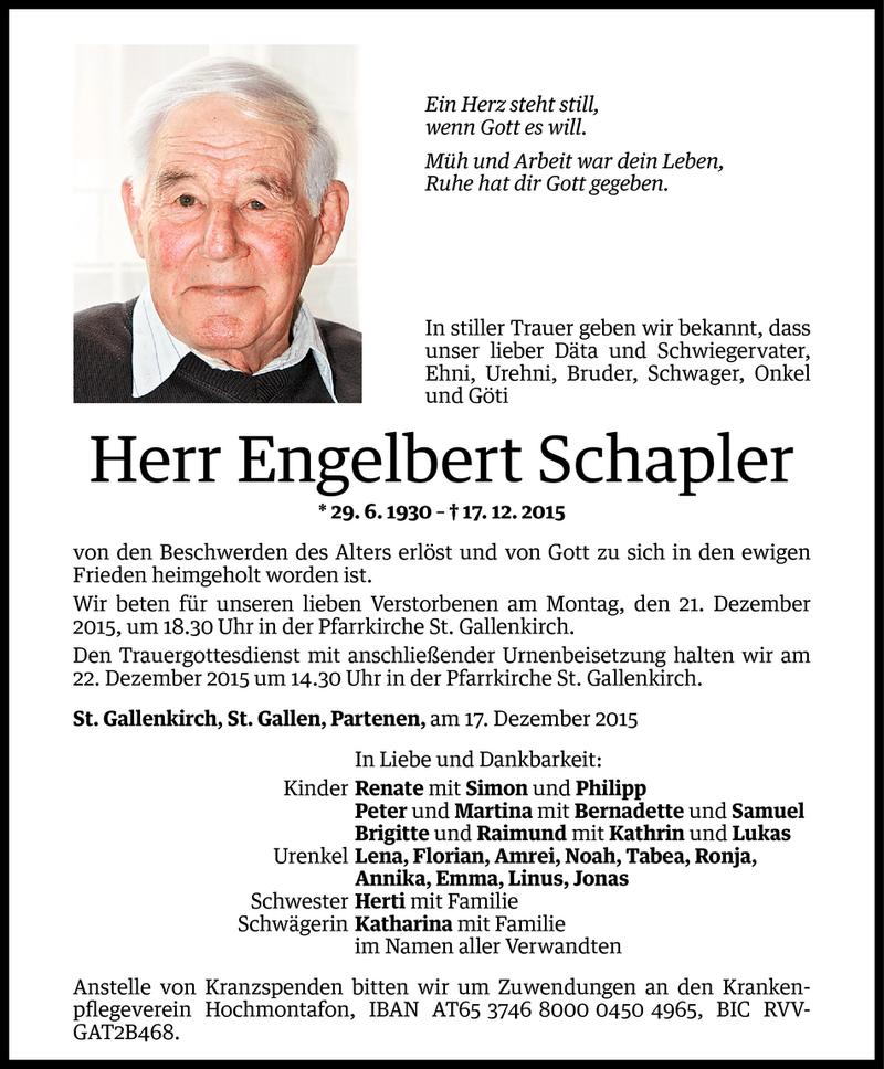  Todesanzeige für Engelbert Schapler vom 18.12.2015 aus Vorarlberger Nachrichten