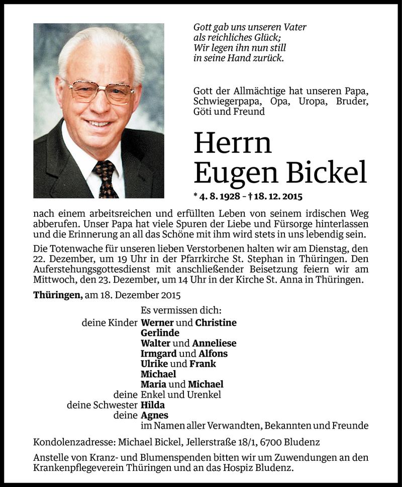  Todesanzeige für Eugen Bickel vom 20.12.2015 aus Vorarlberger Nachrichten