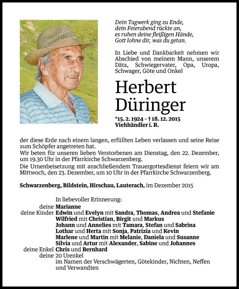  Todesanzeige für Herbert Düringer vom 20.12.2015 aus Vorarlberger Nachrichten