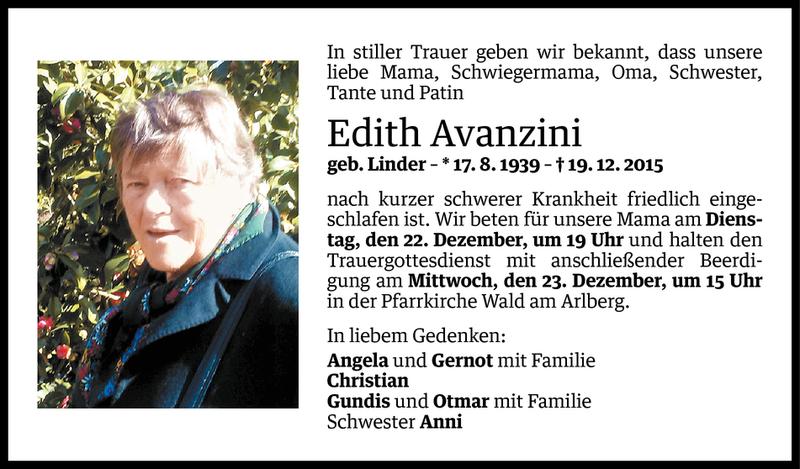  Todesanzeige für Edith Avanzini vom 21.12.2015 aus Vorarlberger Nachrichten