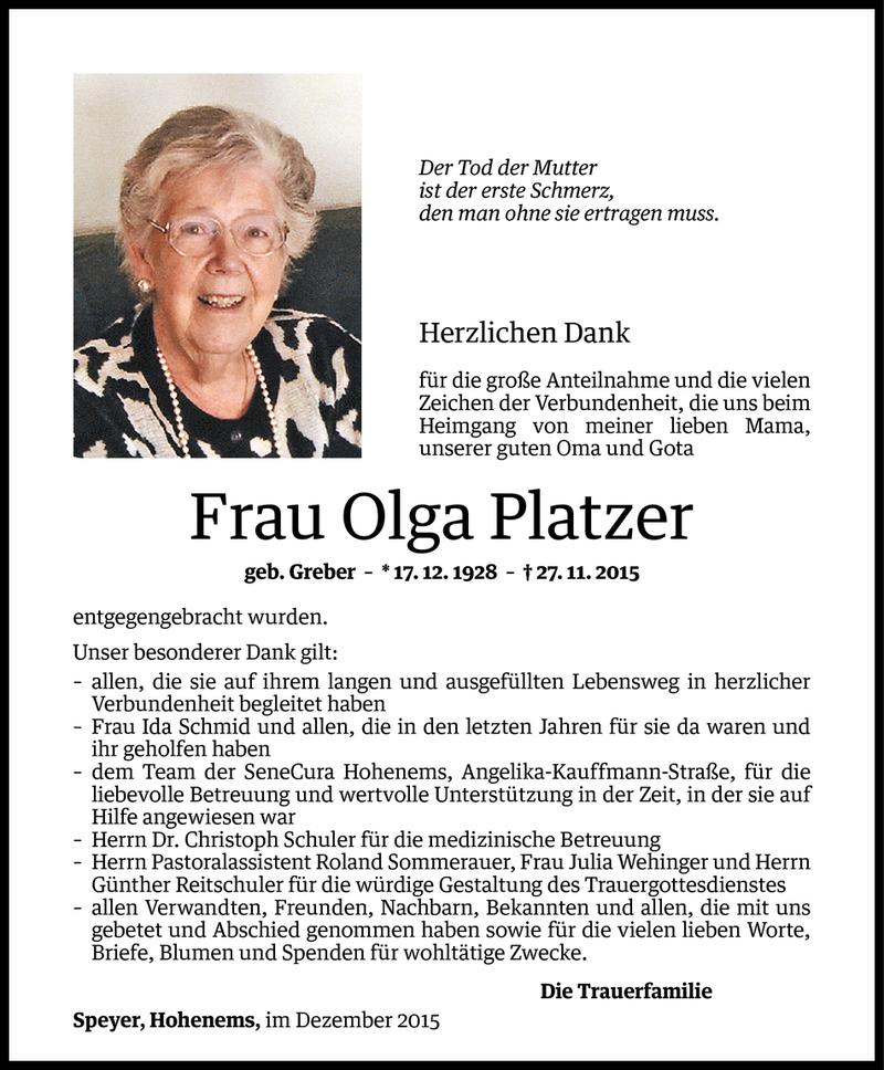  Todesanzeige für Olga Platzer vom 22.12.2015 aus Vorarlberger Nachrichten