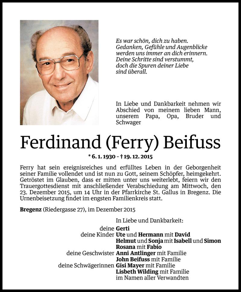  Todesanzeige für Ferdinand Beifuss vom 21.12.2015 aus Vorarlberger Nachrichten