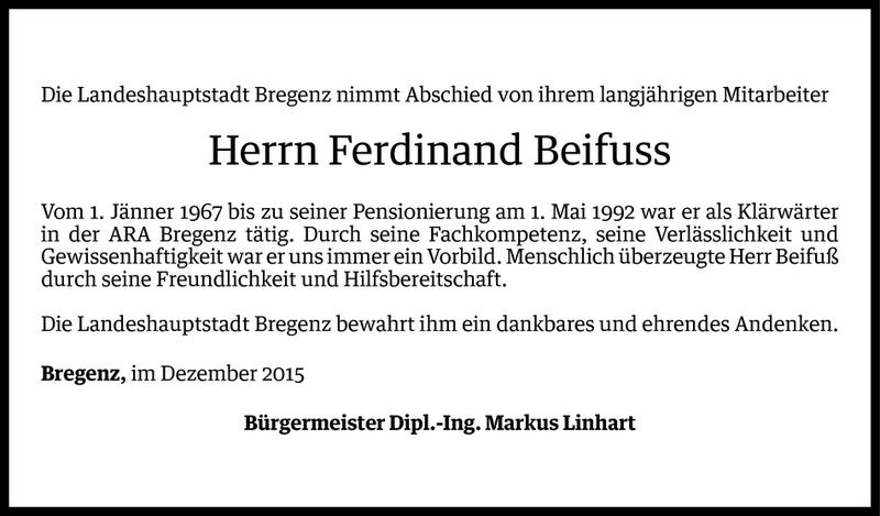  Todesanzeige für Ferdinand Beifuss vom 21.12.2015 aus Vorarlberger Nachrichten