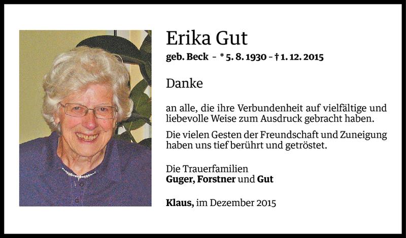  Todesanzeige für Erika Gut vom 24.12.2015 aus Vorarlberger Nachrichten