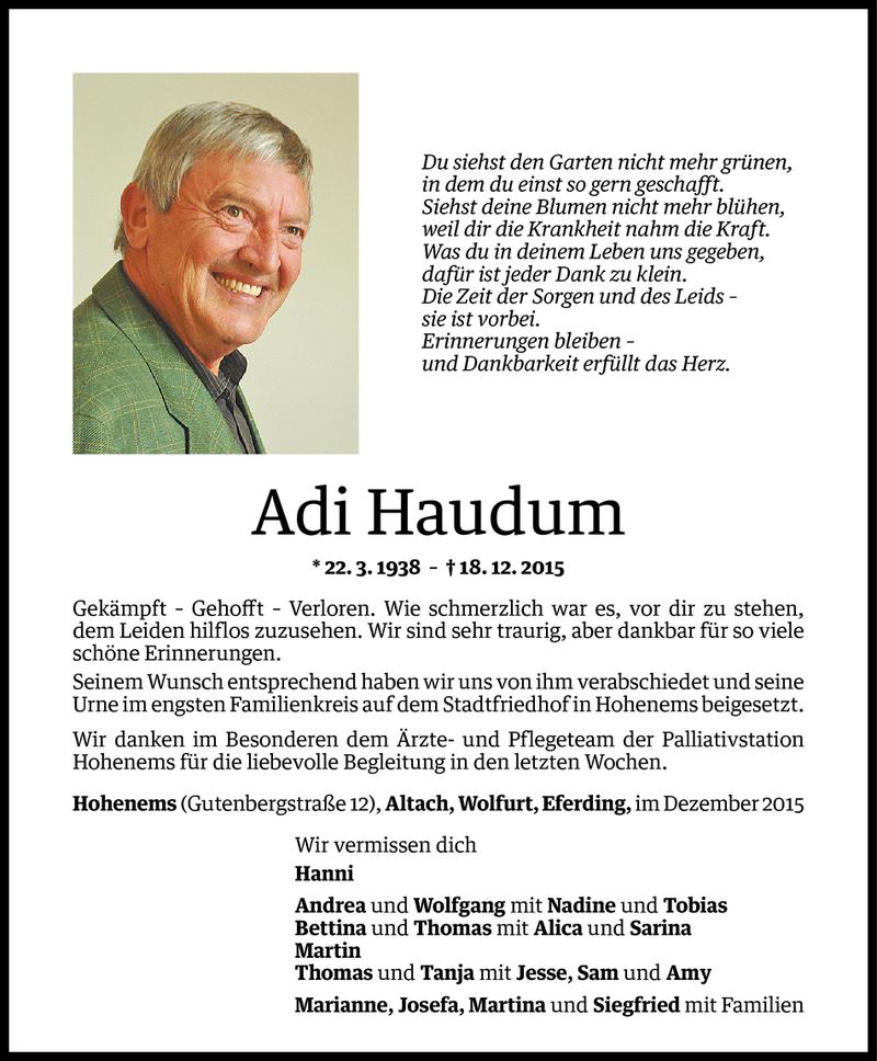  Todesanzeige für Adi Haudum vom 28.12.2015 aus Vorarlberger Nachrichten