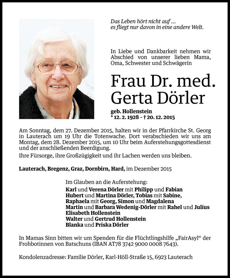  Todesanzeige für Gerta Dörler vom 22.12.2015 aus Vorarlberger Nachrichten