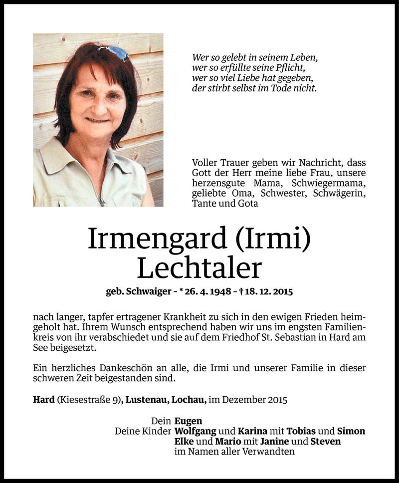  Todesanzeige für Irmengard Lechtaler vom 22.12.2015 aus Vorarlberger Nachrichten