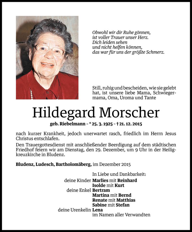  Todesanzeige für Hildegard Morscher vom 24.12.2015 aus Vorarlberger Nachrichten