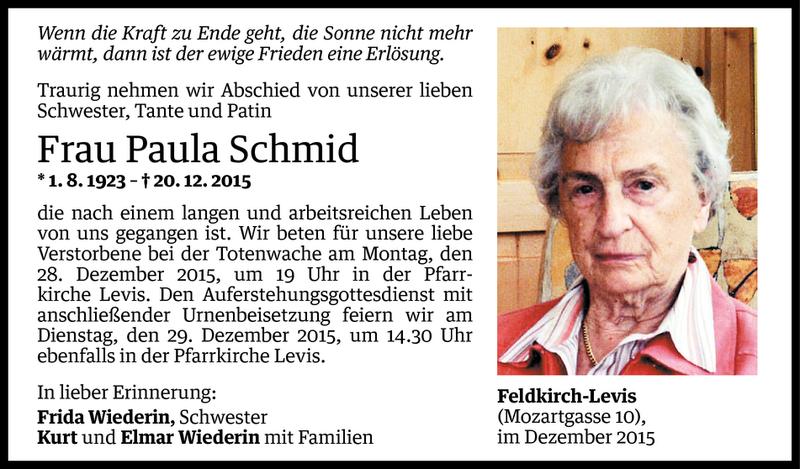  Todesanzeige für Paula Schmid vom 23.12.2015 aus Vorarlberger Nachrichten