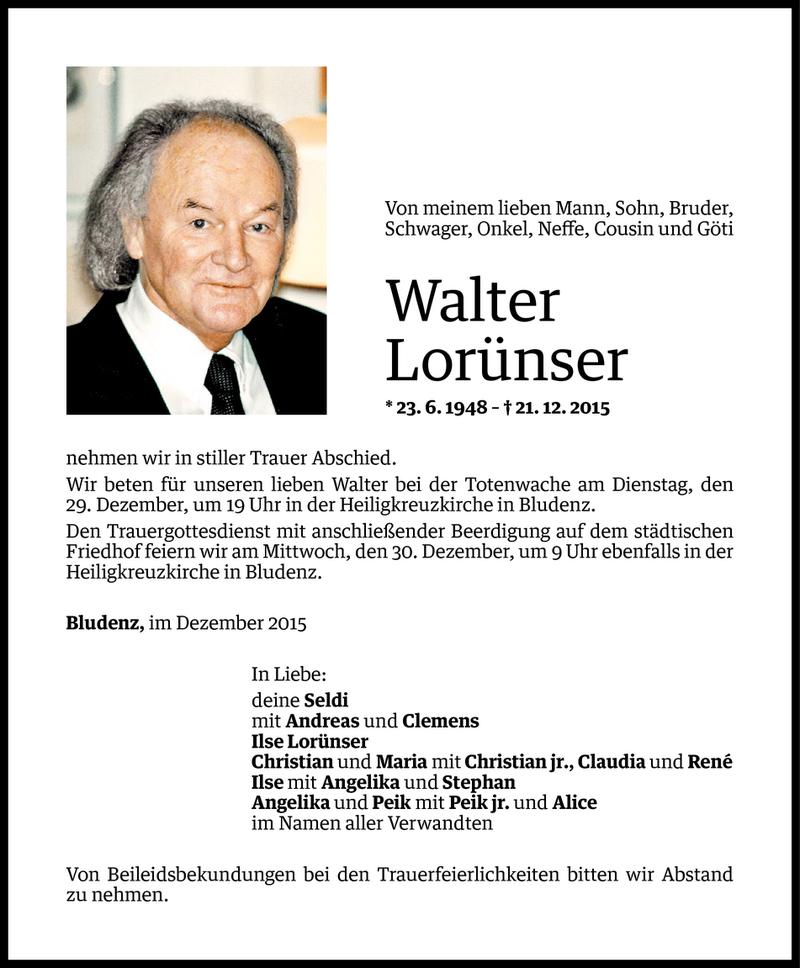  Todesanzeige für Walter Lorünser vom 24.12.2015 aus Vorarlberger Nachrichten