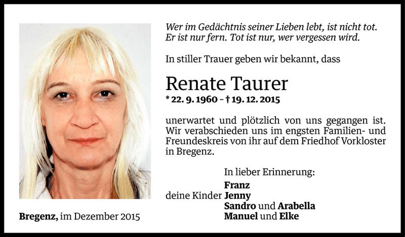  Todesanzeige für Renate Taurer vom 28.12.2015 aus Vorarlberger Nachrichten