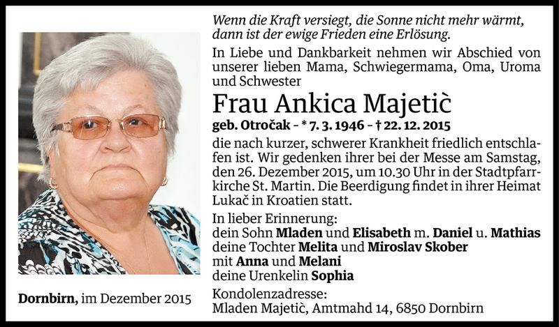  Todesanzeige für Ankica Majetic vom 23.12.2015 aus Vorarlberger Nachrichten