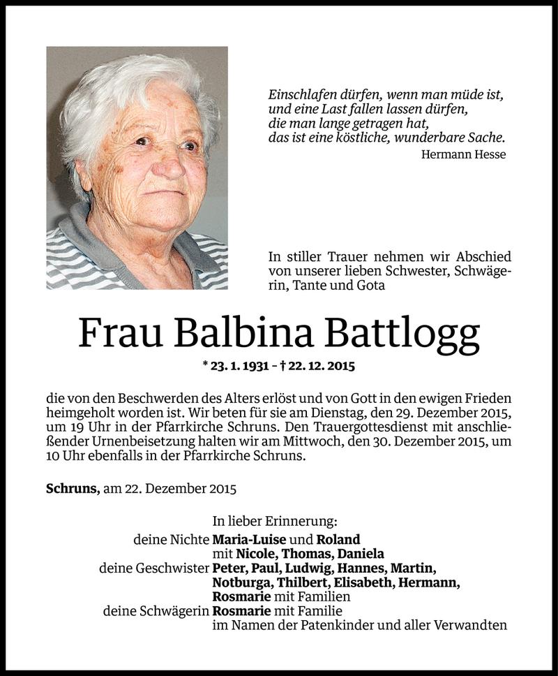  Todesanzeige für Balbina Battlogg vom 27.12.2015 aus Vorarlberger Nachrichten