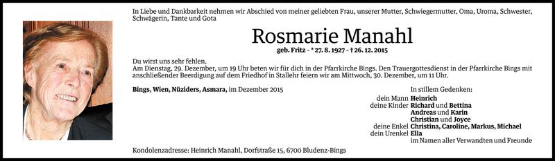  Todesanzeige für Rosmarie Manahl vom 28.12.2015 aus Vorarlberger Nachrichten