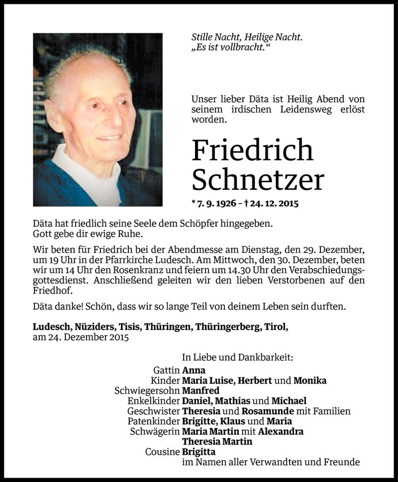  Todesanzeige für Friedrich Schnetzer vom 27.12.2015 aus Vorarlberger Nachrichten