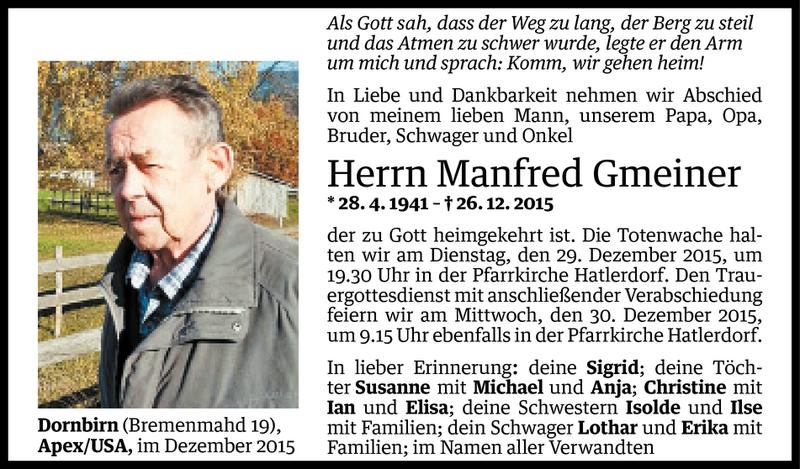  Todesanzeige für Manfred Gmeiner vom 27.12.2015 aus Vorarlberger Nachrichten