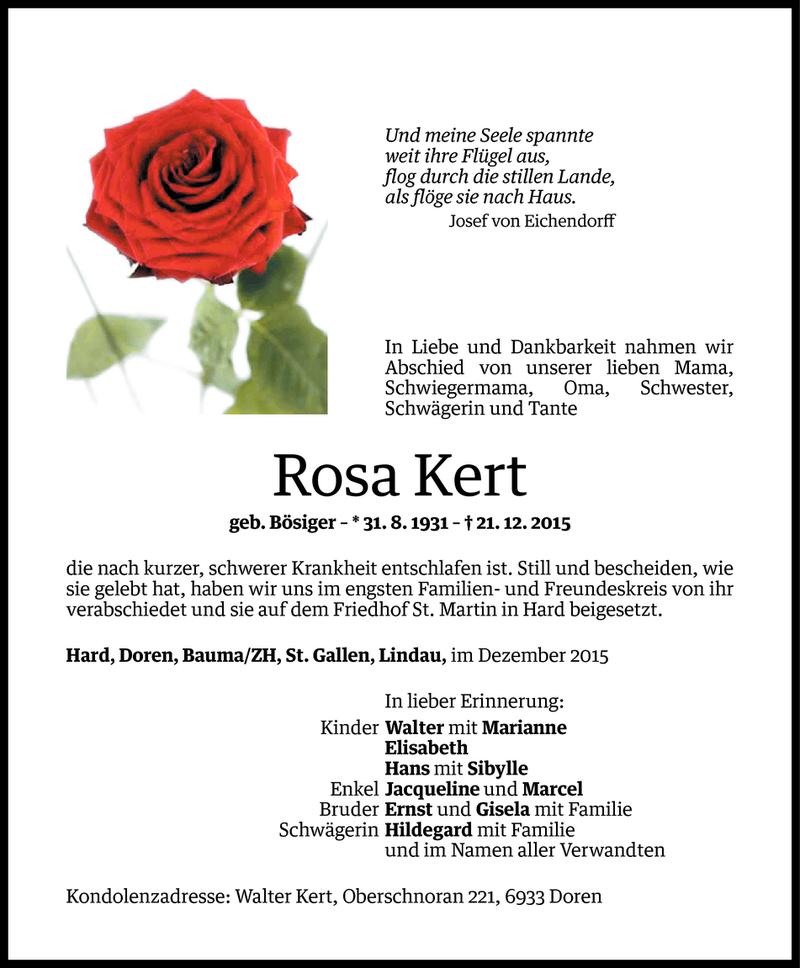  Todesanzeige für Rosa Kert vom 29.12.2015 aus Vorarlberger Nachrichten