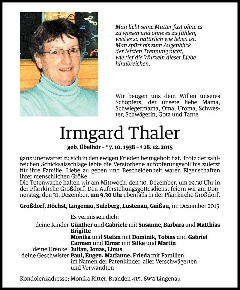  Todesanzeige für Irmgard Thaler vom 28.12.2015 aus Vorarlberger Nachrichten