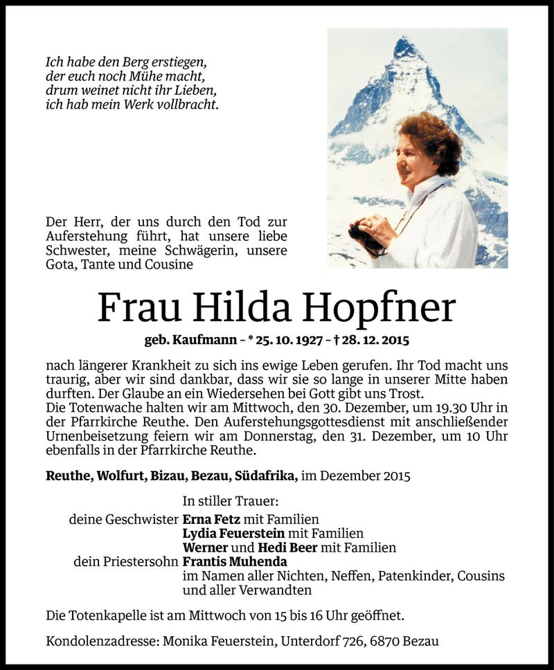  Todesanzeige für Hilda Hopfner vom 28.12.2015 aus Vorarlberger Nachrichten