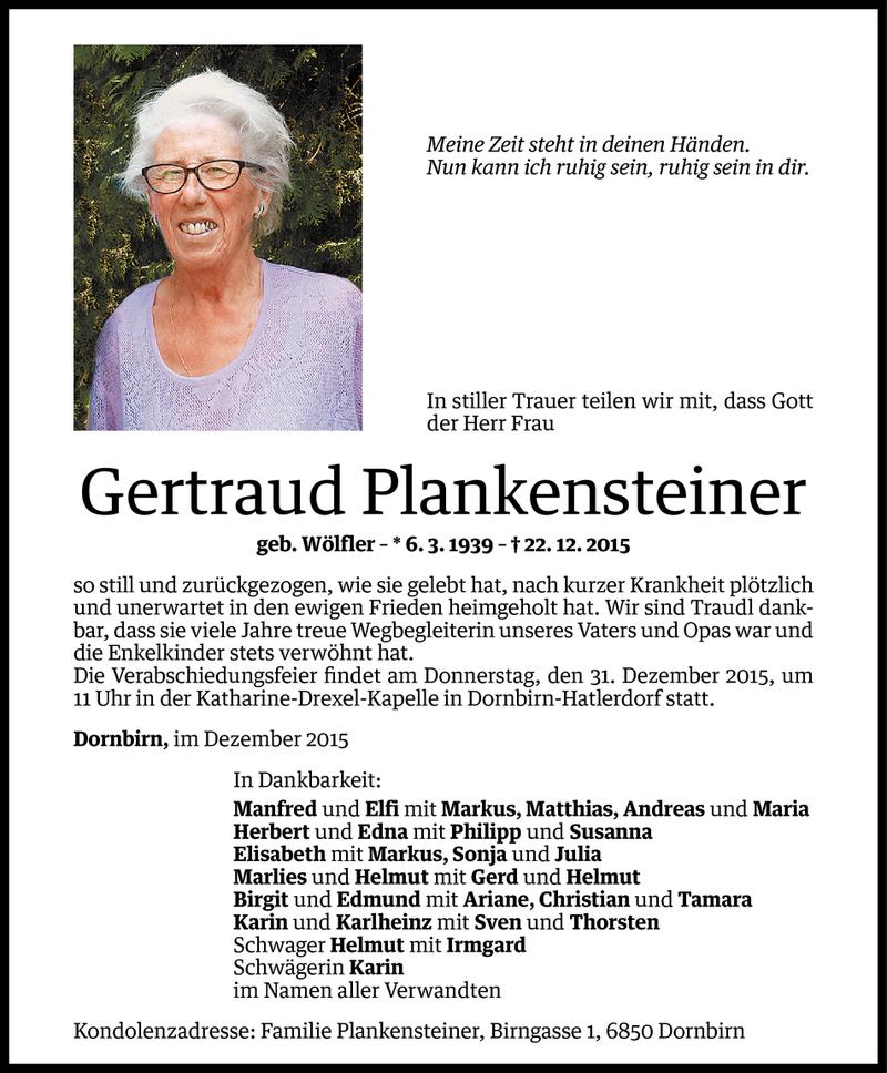  Todesanzeige für Gertraud Plankensteiner vom 28.12.2015 aus Vorarlberger Nachrichten