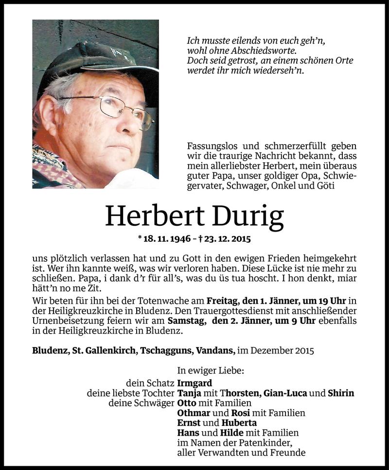  Todesanzeige für Herbert Durig vom 29.12.2015 aus Vorarlberger Nachrichten