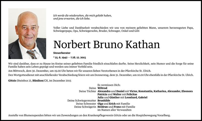  Todesanzeige für Norbert Bruno Kathan vom 29.12.2015 aus Vorarlberger Nachrichten