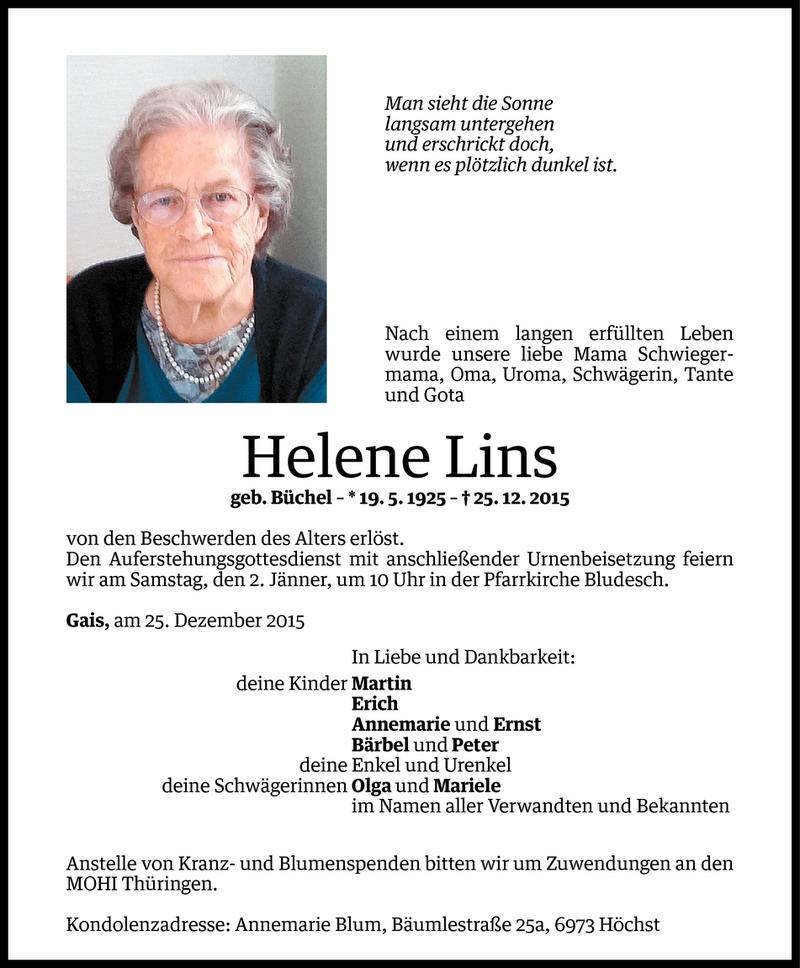  Todesanzeige für Helene Lins vom 29.12.2015 aus Vorarlberger Nachrichten