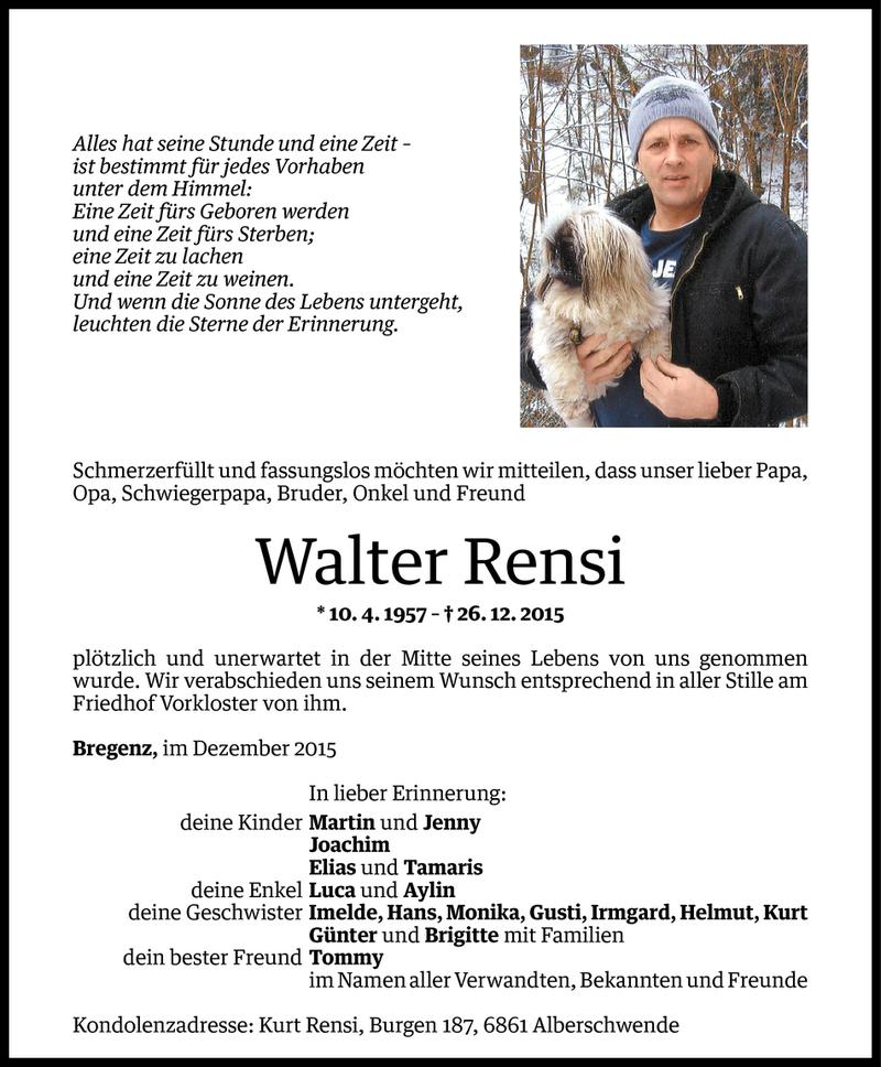  Todesanzeige für Walter Rensi vom 30.12.2015 aus Vorarlberger Nachrichten