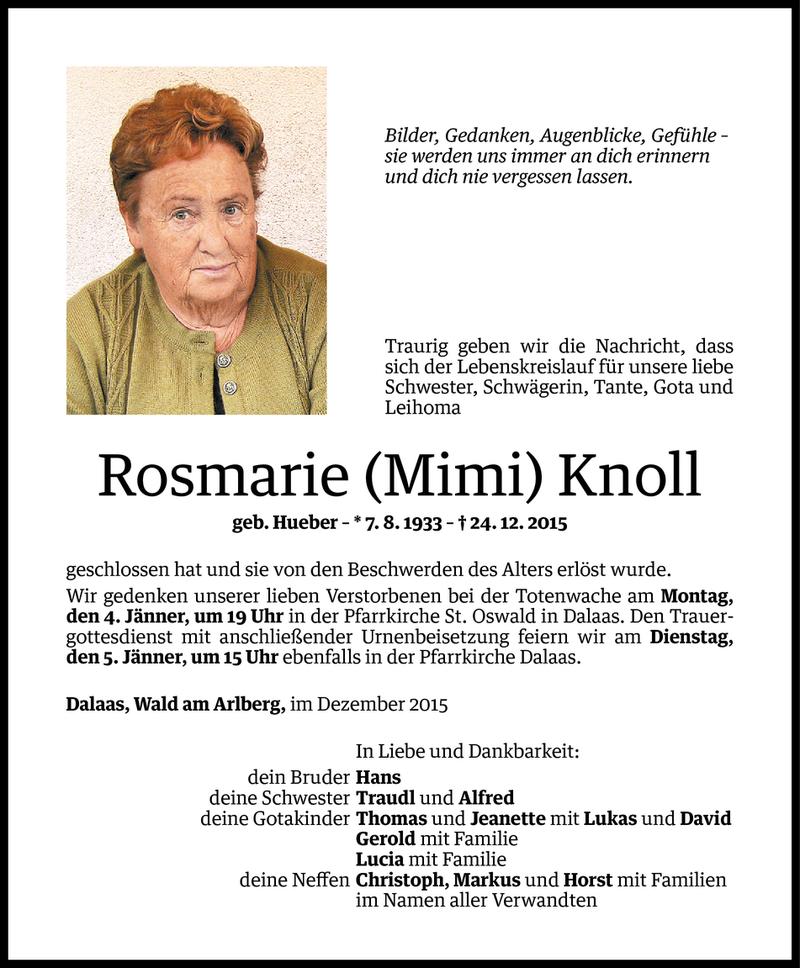  Todesanzeige für Rosmarie Knoll vom 02.01.2016 aus Vorarlberger Nachrichten