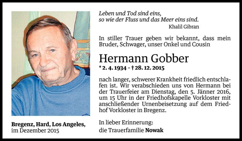  Todesanzeige für Hermann Gobber vom 01.01.2016 aus Vorarlberger Nachrichten