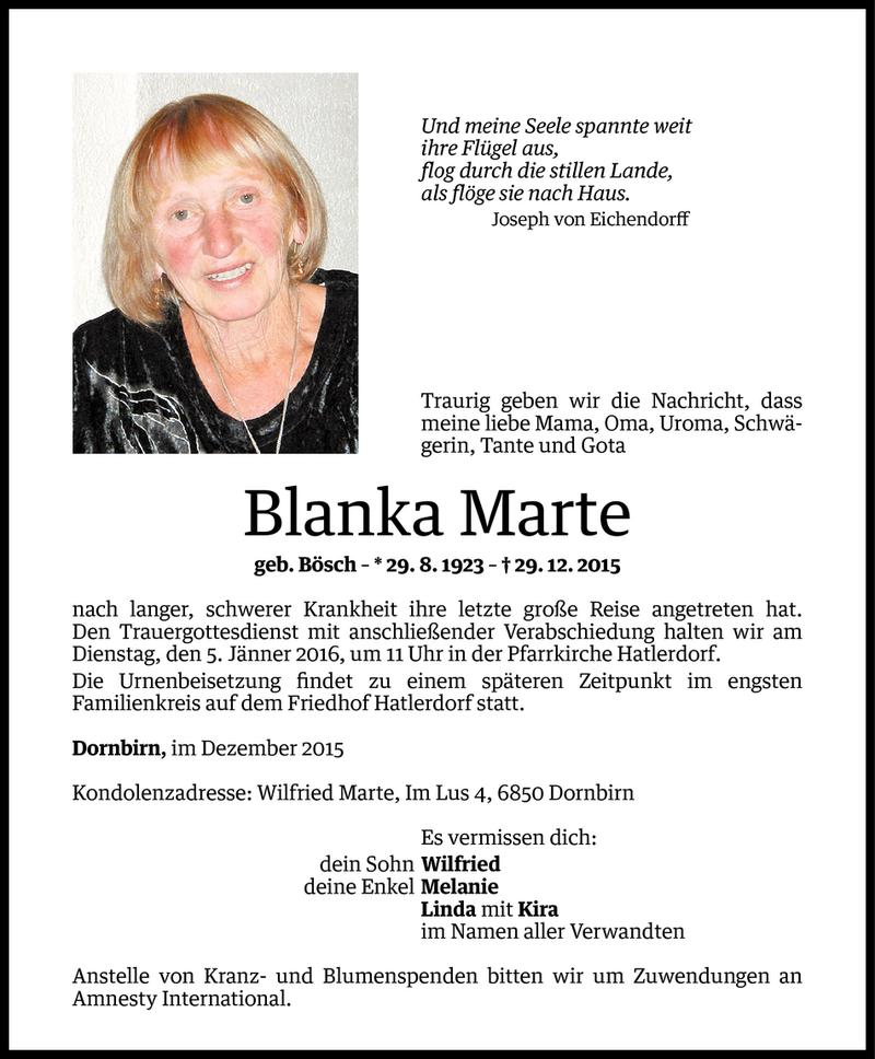  Todesanzeige für Blanka Marte vom 01.01.2016 aus Vorarlberger Nachrichten