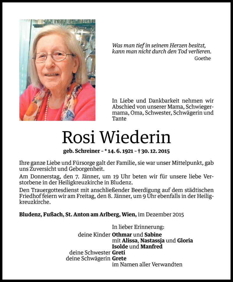  Todesanzeige für Rosi Wiederin vom 02.01.2016 aus Vorarlberger Nachrichten