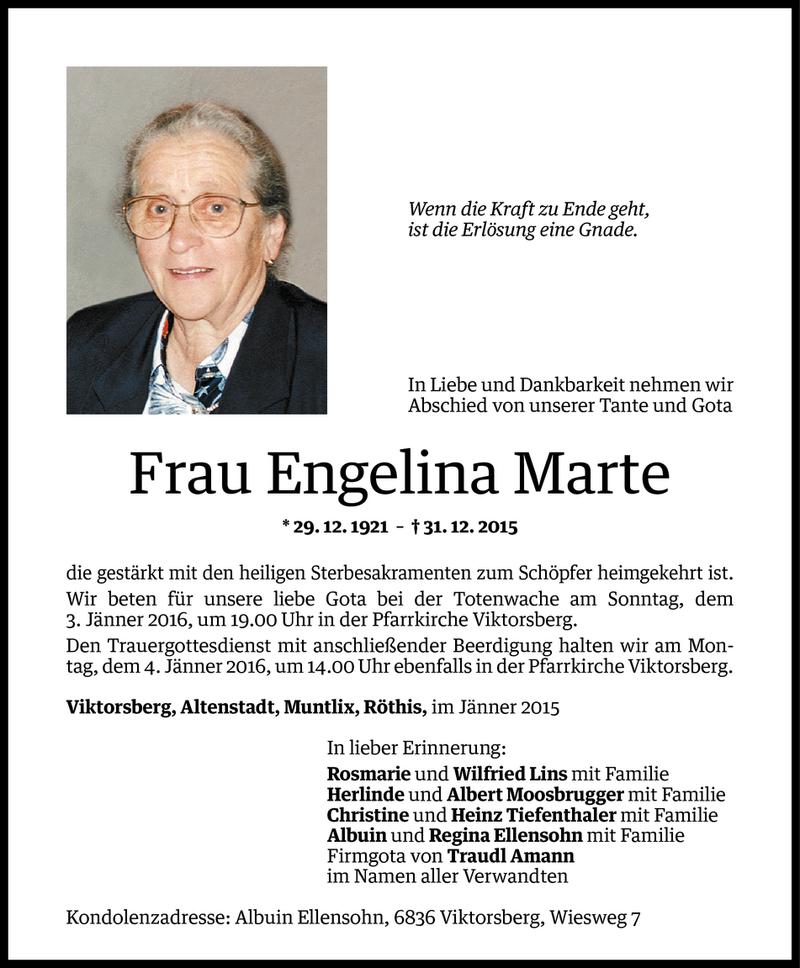  Todesanzeige für Engelina Marte vom 02.01.2016 aus Vorarlberger Nachrichten