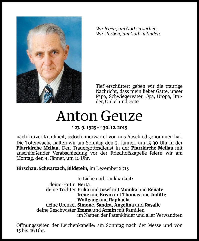  Todesanzeige für Anton Geuze vom 01.01.2016 aus Vorarlberger Nachrichten