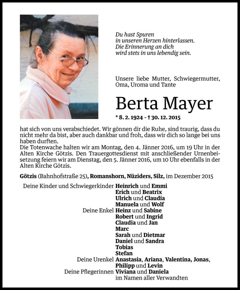  Todesanzeige für Berta Mayer vom 01.01.2016 aus Vorarlberger Nachrichten